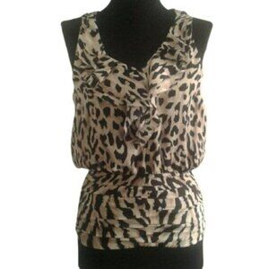 WHBM XS Blouse Leopard Print Sleeveless Ruffled Neckline Smocked Tiered Waist